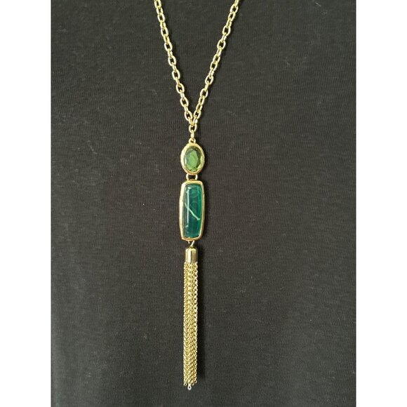 Gold-Tone Green Gemstone Tassel Pendant Necklace & Matching Drop Earrings Set - Picture 2 of 8